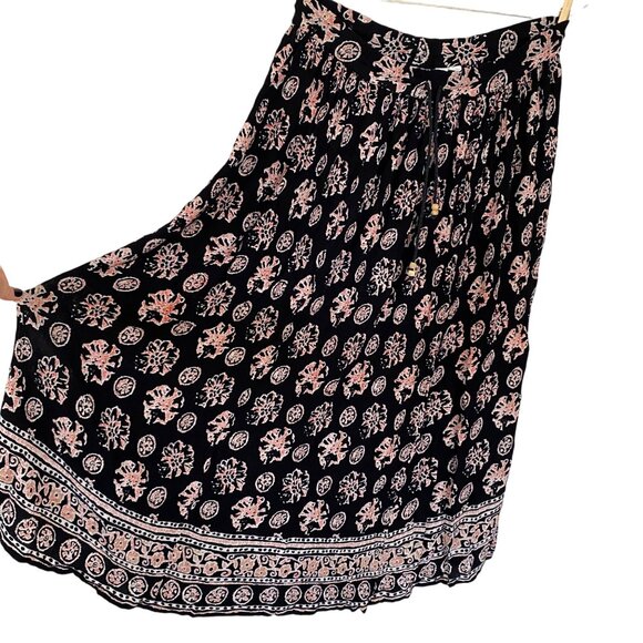 Vintage Liz Baker Essential Black Patterned Gypsy Pleated Maxi Skirt Size M - Picture 2 of 8